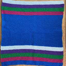 Hand Knitted Blanket in Gender-Neutral Colours Of Royal Blue With Grey, Purple, Pink & Green Stripes - Baby Shower New Gift - thumbnail 2