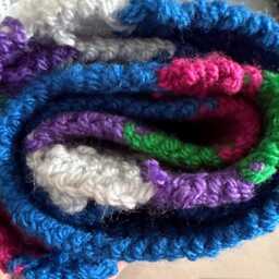 Hand Knitted Blanket in Gender-Neutral Colours Of Royal Blue With Grey, Purple, Pink & Green Stripes - Baby Shower New Gift - thumbnail 3