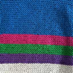 Hand Knitted Blanket in Gender-Neutral Colours Of Royal Blue With Grey, Purple, Pink & Green Stripes - Baby Shower New Gift - thumbnail 1
