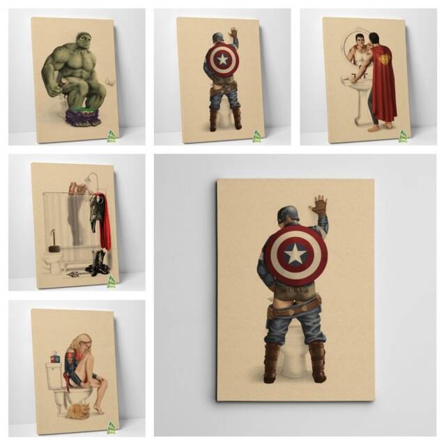 Funny Superheroes in Bathroom Canvas Art Wall Picture Print Framed Decor - image 1