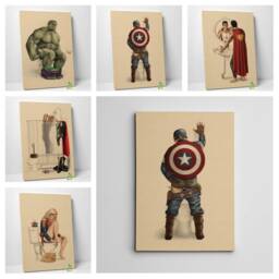 Funny Superheroes in Bathroom Canvas Art Wall Picture Print Framed Decor - thumbnail 1