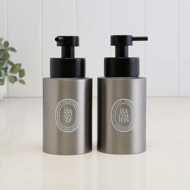 Brushed Stainless Steel Soap Dispenser & Lotion Bottle Duo With White Oval Labels - Refillable Pump Set Eco Bathroom Decor 250Ml - image 1