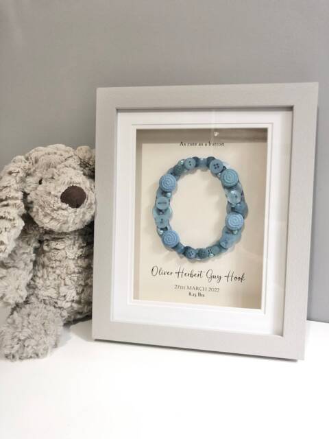 Personalised New Baby Boy, Girl Gift - Button Art Nursery Decor Framed Wall Print Photo Frame - image 1