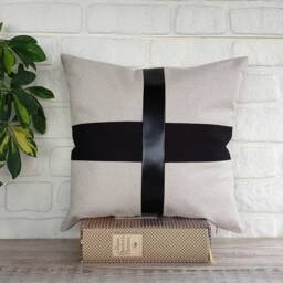 Black & Gold Faux Leather Linen Pillow Cover - 16x16'' - thumbnail 3