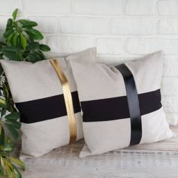 Black & Gold Faux Leather Linen Pillow Cover - 16x16'' - thumbnail 2
