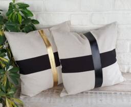 Black & Gold Faux Leather Linen Pillow Cover - 16x16''