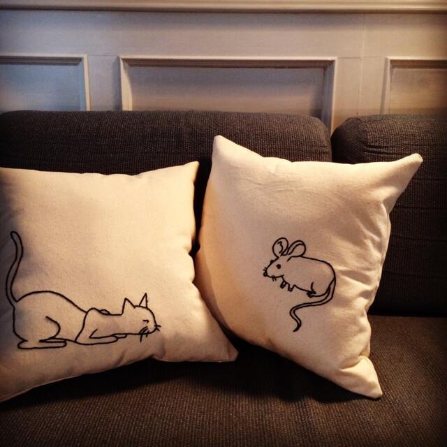 Pair Of Cat & Mouse Hand Embroidered Canvas Pillows