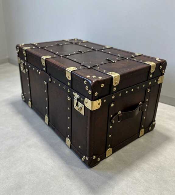 Handmade English Leather Travel Trunk With Brass Hardware - Vintage Style Storage Chest - image 1