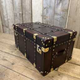 Handmade English Leather Travel Trunk With Brass Hardware - Vintage Style Storage Chest - thumbnail 4