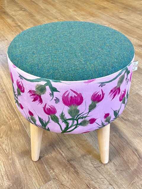 Butterfly Thistles On Pink Velvet & Green Harris Tweed Footstool With Varnished Wooden Legs - image 1