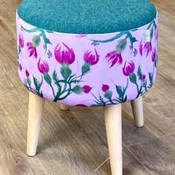 Butterfly Thistles On Pink Velvet & Green Harris Tweed Footstool With Varnished Wooden Legs - thumbnail 3