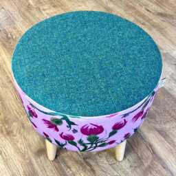 Butterfly Thistles On Pink Velvet & Green Harris Tweed Footstool With Varnished Wooden Legs - thumbnail 2