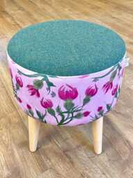 Butterfly Thistles On Pink Velvet & Green Harris Tweed Footstool With Varnished Wooden Legs - thumbnail 1