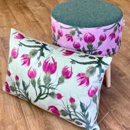 Butterfly Thistles On Pink Velvet & Green Harris Tweed Footstool With Varnished Wooden Legs - thumbnail 4