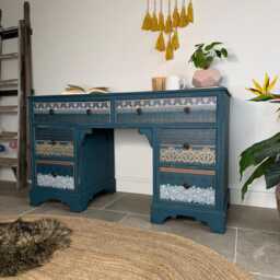 Vintage Desk/Dressing Table Painted Colourful Patterned Blue, Bohemian Style - thumbnail 4