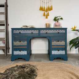 Vintage Desk/Dressing Table Painted Colourful Patterned Blue, Bohemian Style - thumbnail 2