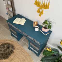 Vintage Desk/Dressing Table Painted Colourful Patterned Blue, Bohemian Style - thumbnail 3