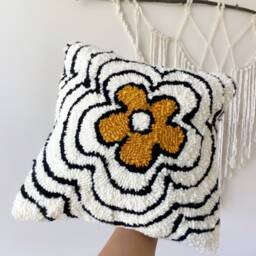Groovy Punch Needle Pillow Cover, Decorative Embroidered Flower Cushion Cover, Floral Aesthetics, Black & White Rug Cushion, Tufted - thumbnail 3