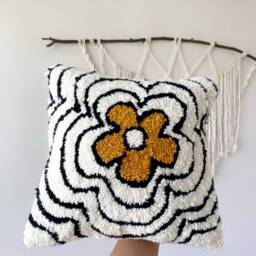 Groovy Punch Needle Pillow Cover, Decorative Embroidered Flower Cushion Cover, Floral Aesthetics, Black & White Rug Cushion, Tufted - thumbnail 2