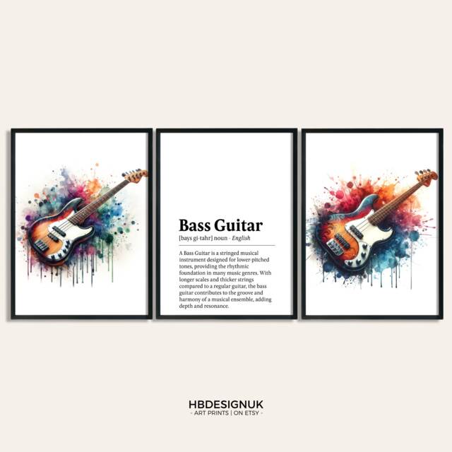 Bass Guitar Art Print - Set Of 3 Music Watercolour Artwork - Watercolor Poster Wall Musician Instrument Picture Decor Room Gift - image 1