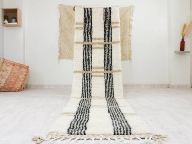 White Moroccan Runner Rug - Hallway Runner Moroccan & Brown Beni Ourain Genuine Lamb Wool - image 1