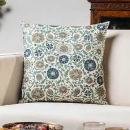 Tudor Rose Cushion Cover in Teal Blue. Classic Floral & Botanical Trailing Vines Design. 17x17