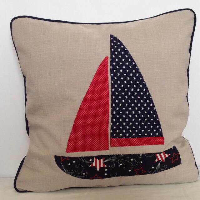 Applique Sailing Boat Pillow Patriotic Nautical Decor - image 1