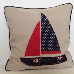Applique Sailing Boat Pillow Patriotic Nautical Decor - thumbnail 1