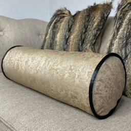 Diana Luxury Textured Bolster Brass Gold Duck Feather Cushion Included Contrasting Black Piping Designer Fabric High Quality - thumbnail 1