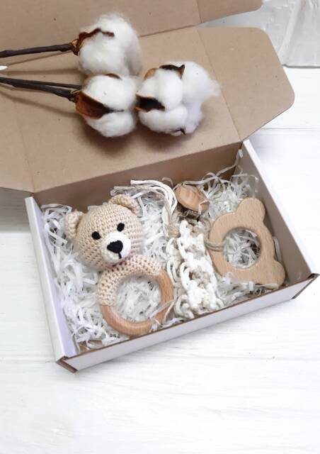 Baby Announcement Crochet Basket With Sloth Rattle, Macrame Paci Clip, Organic Wooden Baby Toy, Gender Neutral Congratulations Gift - image 1