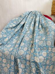 Kantha Stitch Pure Cotton Reversible Bed/Sofa Throw King Size - Handmade Handprinted Floral Dohar White Blue Garden Bloom Daisy