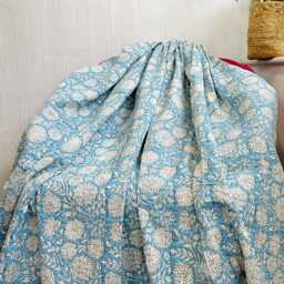 Kantha Stitch Pure Cotton Reversible Bed/Sofa Throw King Size - Handmade Handprinted Floral Dohar White Blue Garden Bloom Daisy - thumbnail 4