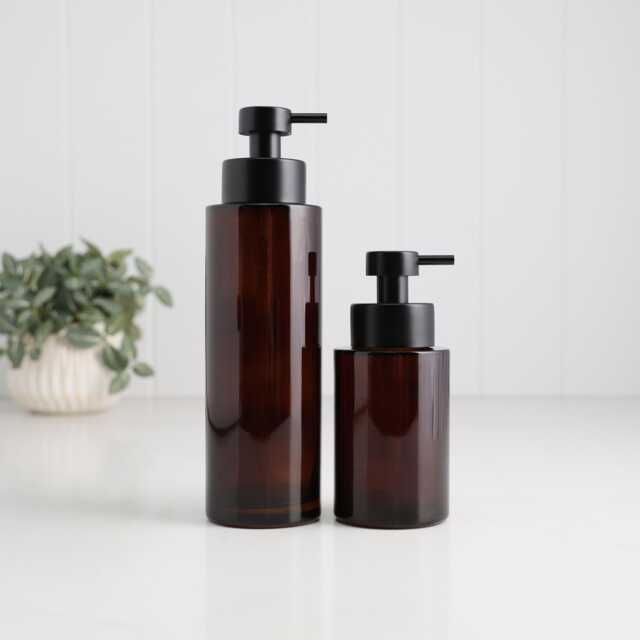 250Ml & 500Ml Amber Glass Soap Dispenser - Refillable Brown Bottle Eco Sustainable Pump Reusable Bathroom Accessory - image 1