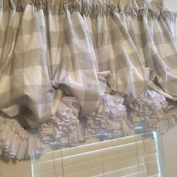 Farmhouse Chic Buffalo Check Balloon Curtain With White Double Ruffles & Color Choices - thumbnail 2