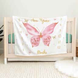 Butterfly Milestone Blanket, Personalized Monthly Baby Milestone, Shower, Photo Girl - thumbnail 1