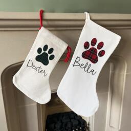 Personalised Dog Christmas Stocking - Linen Or Cotton, Tartan Paw Print