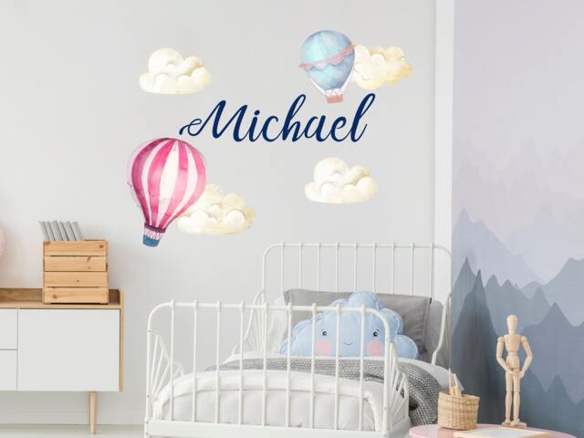 Watercolor Clouds & Hot Air Balloons Set Decals Baby Boy Nursery Bedroom Personalize Name Wall Sticker Kids Room Playroom Decoration R4 - image 1