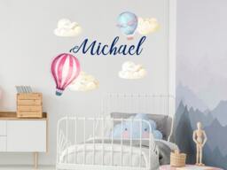 Watercolor Clouds & Hot Air Balloons Set Decals Baby Boy Nursery Bedroom Personalize Name Wall Sticker Kids Room Playroom Decoration R4 - thumbnail 1