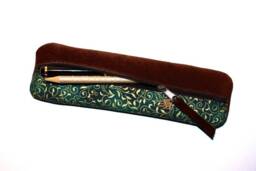 Dark Brown Suede Pencil Case Gold & Green Fabric Vines Pencil For 14 Pencils Handmade Elegant Gift Unique Item - thumbnail 1