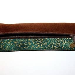 Dark Brown Suede Pencil Case Gold & Green Fabric Vines Pencil For 14 Pencils Handmade Elegant Gift Unique Item - thumbnail 4