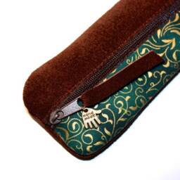 Dark Brown Suede Pencil Case Gold & Green Fabric Vines Pencil For 14 Pencils Handmade Elegant Gift Unique Item - thumbnail 2