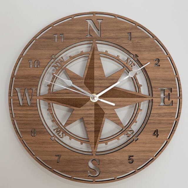 Oak, Walnut Or Cherry - Wood Engraved Navigator/Compass Wall Clock - image 1
