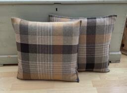 Katrine Tartan Throw Pillow Covers Ochre Grey Beige Feather Cushions - Set Of 2 - thumbnail 1
