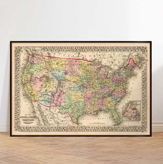 United States Map During Ulysses S. Grant, Historical Restored, Archival Print - image 1