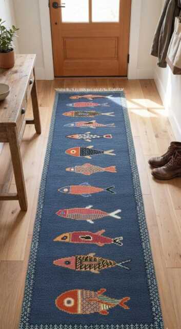 Handmade Coastal Blue Runner Rug - Woven Fish Pattern Hallway Mat, Koi Fish Area Decor - image 1