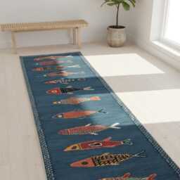 Handmade Coastal Blue Runner Rug - Woven Fish Pattern Hallway Mat, Koi Fish Area Decor - thumbnail 2
