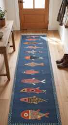 Handmade Coastal Blue Runner Rug - Woven Fish Pattern Hallway Mat, Koi Fish Area Decor - thumbnail 1