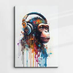Monkey With Headphones Painting Splatter Wall Art, Framed Canvas Poster Print, Home Kitchen Office Room Decor, Gifts - thumbnail 3