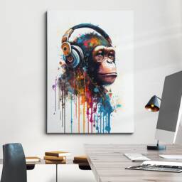 Monkey With Headphones Painting Splatter Wall Art, Framed Canvas Poster Print, Home Kitchen Office Room Decor, Gifts - thumbnail 1