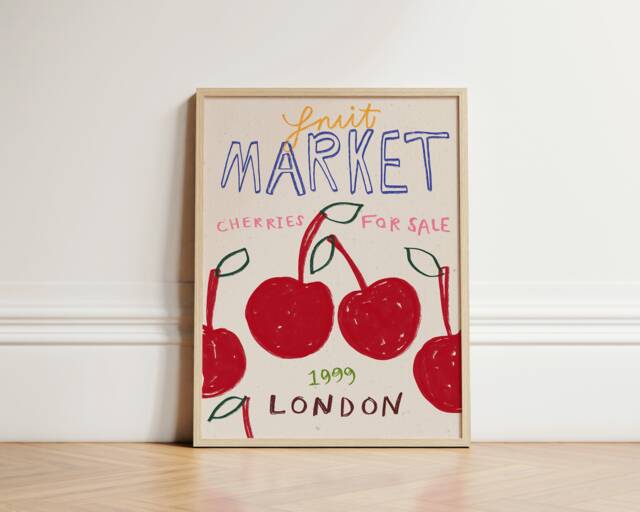 Cherries Fruit Market Print, Print Wall Art, Retro Kitchen Home Decor Ideas, Dining Room Unframed - image 1